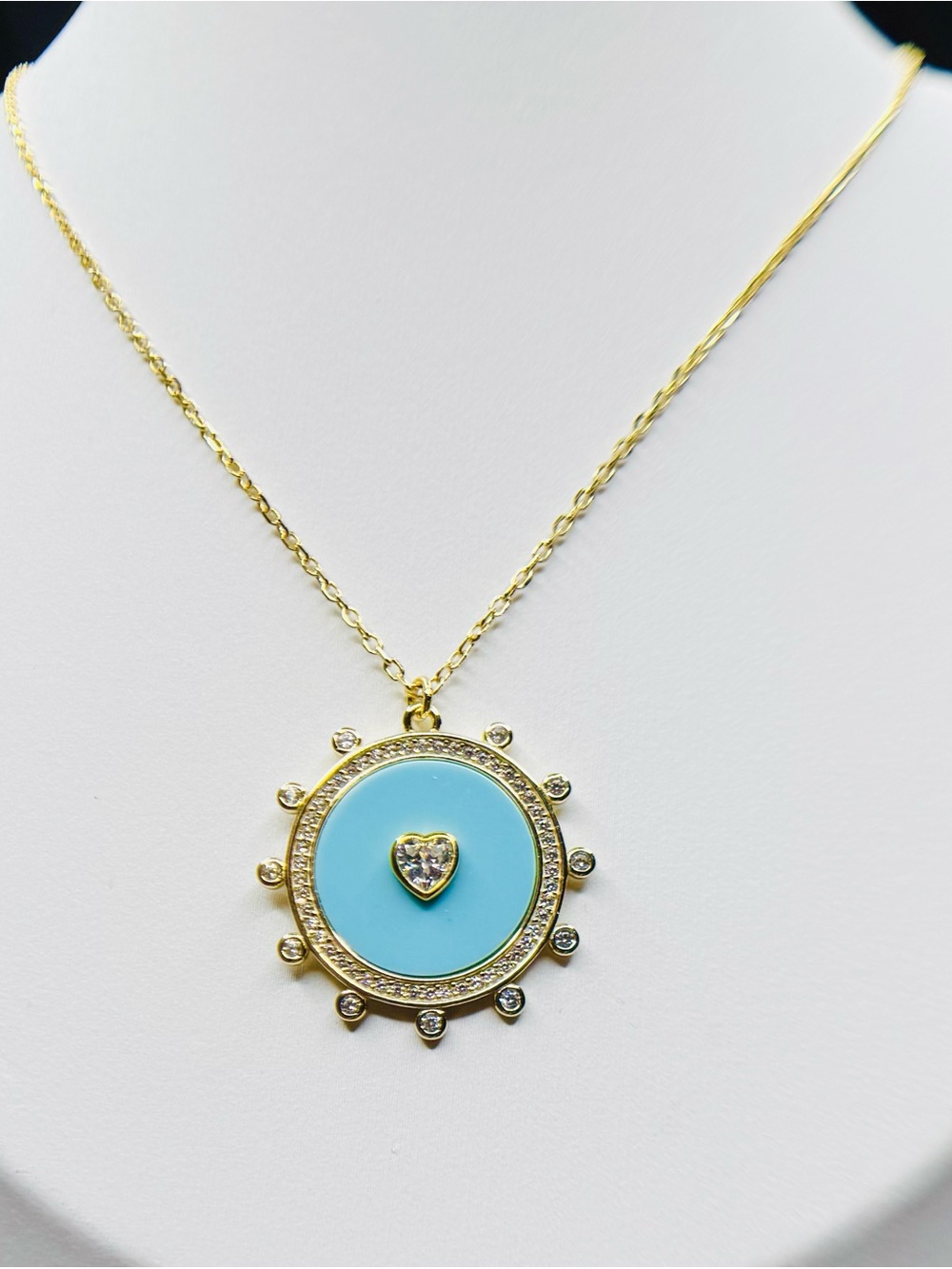 18K Gold Circular Turquoise Pendant Necklace with Heart Accent